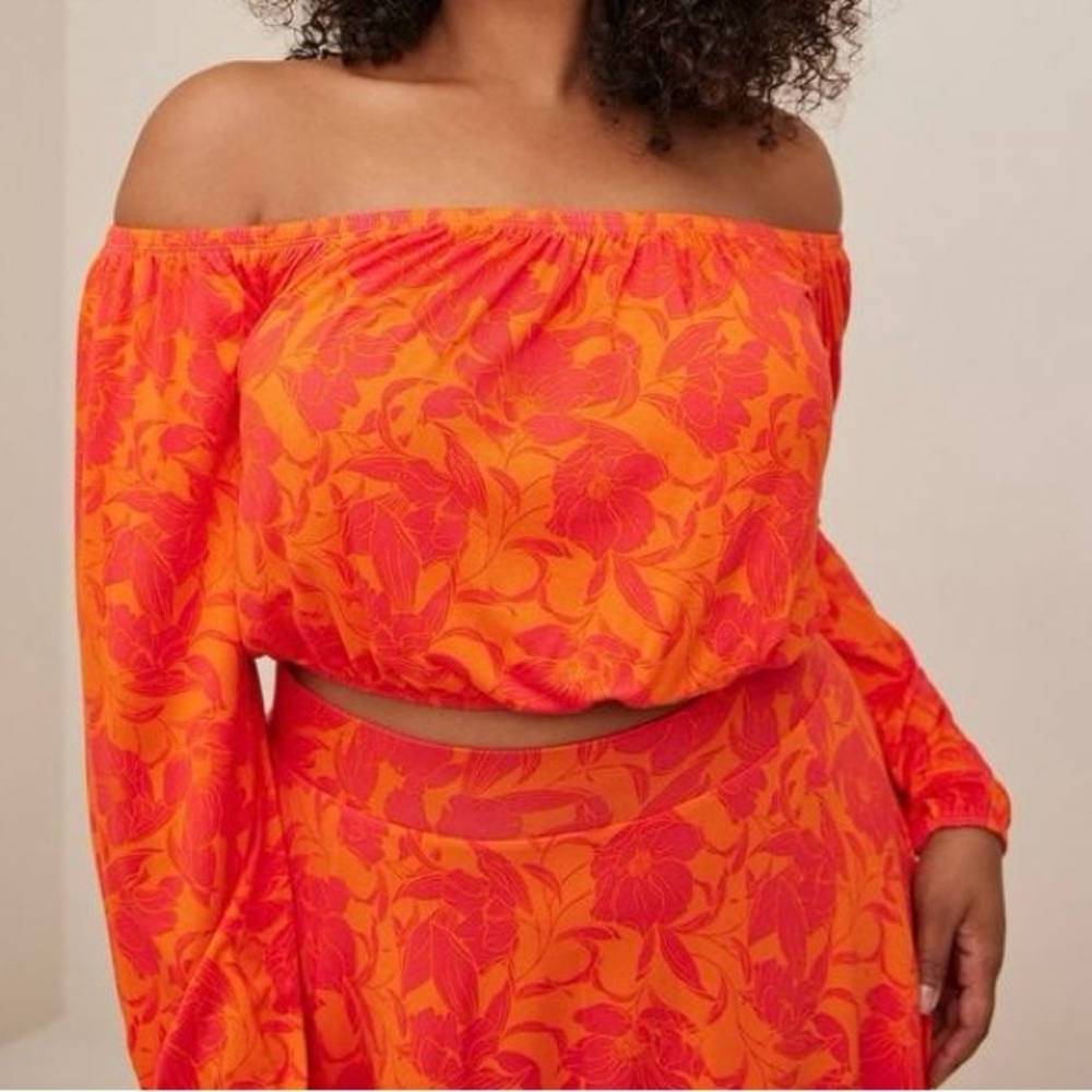 Torrid Orange and Red Floral Off the Shoulder Cropped Top